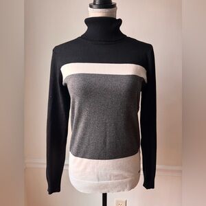 Calvin Klein Women's Black Cream Gray Color block Turtleneck Sweater Small